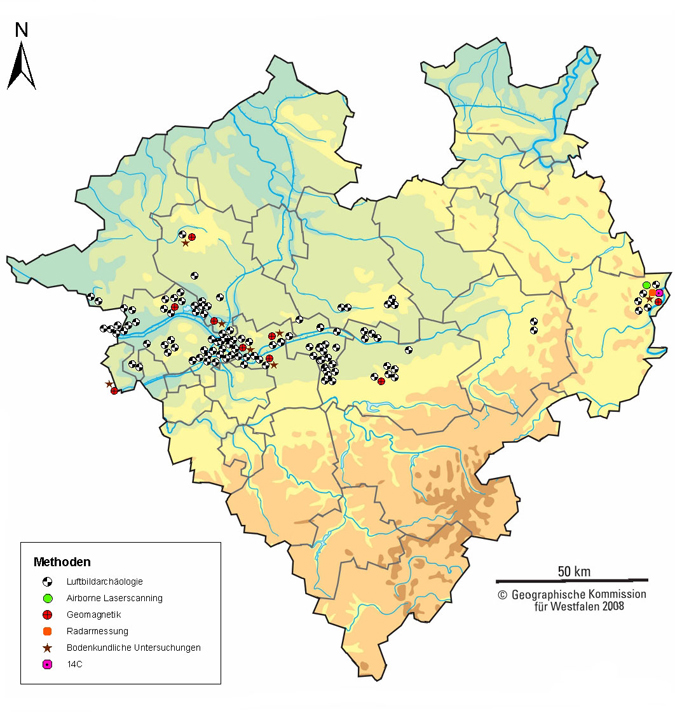 Survey map of the archaeological sites and the used methods Survey map of the archaeological sites and the used methods