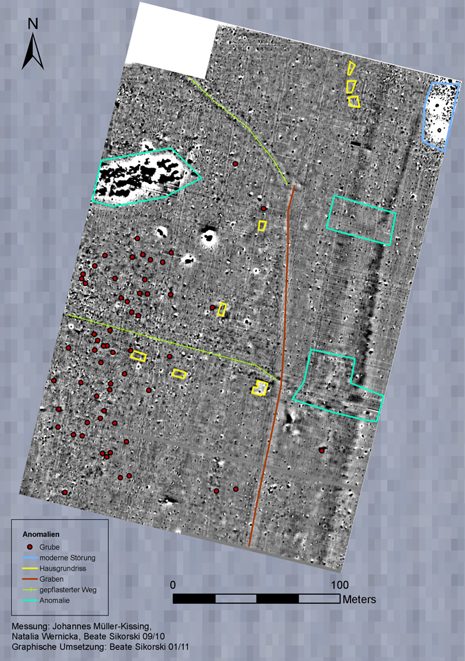 Grey scale image, area 12 – Weserknick (Corvey) with the detected anomalies Grey scale image, area 12 – Weserknick (Corvey) with the detected anomalies