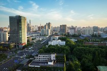 3) View from the university towards Iujiazui, featuring the iconic skyline of the city centre