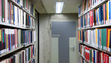 Bookshelves with books about engineering