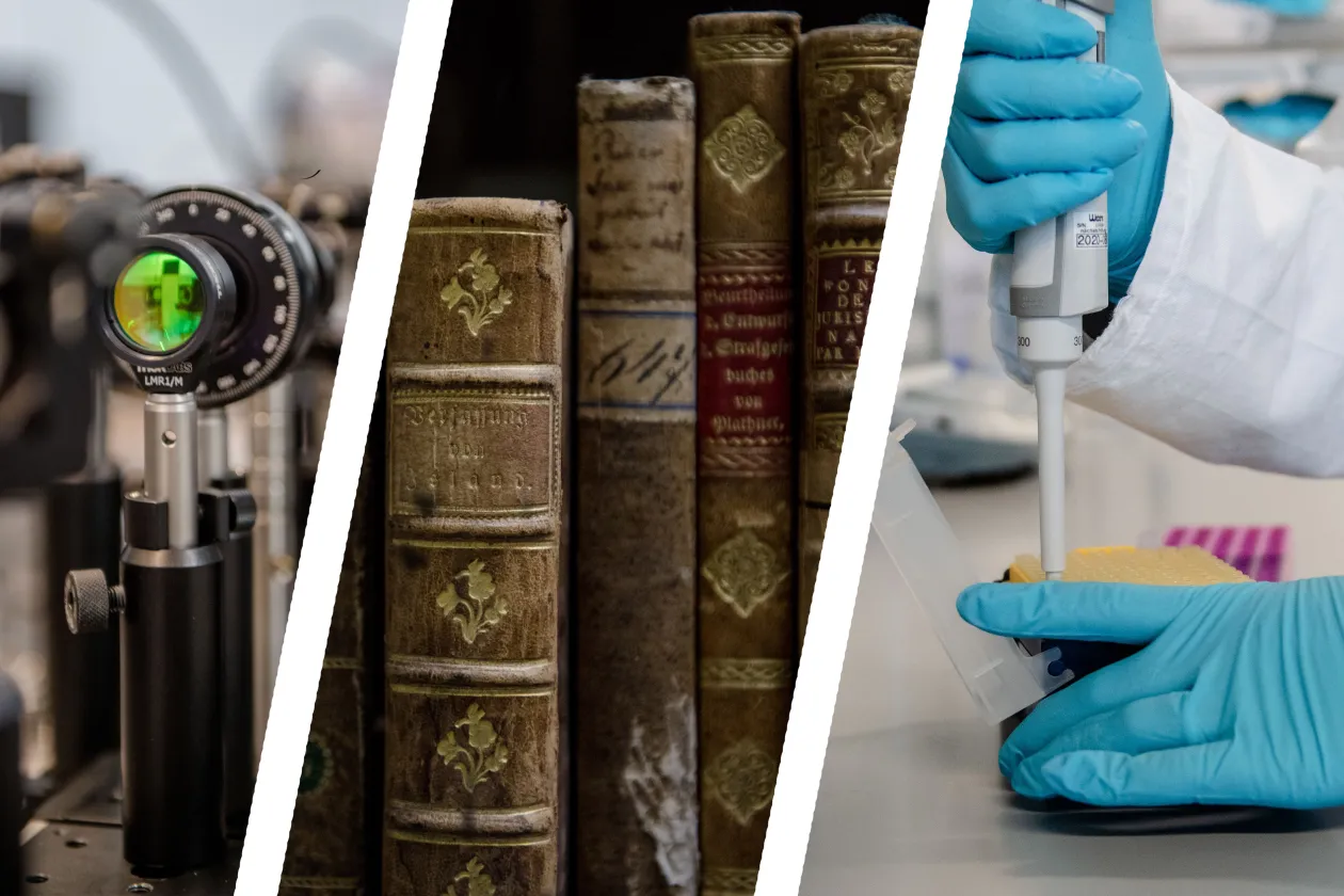 Collage aus einem Laser-Versuchsaufbau, alten Büchern und einer Pipette 