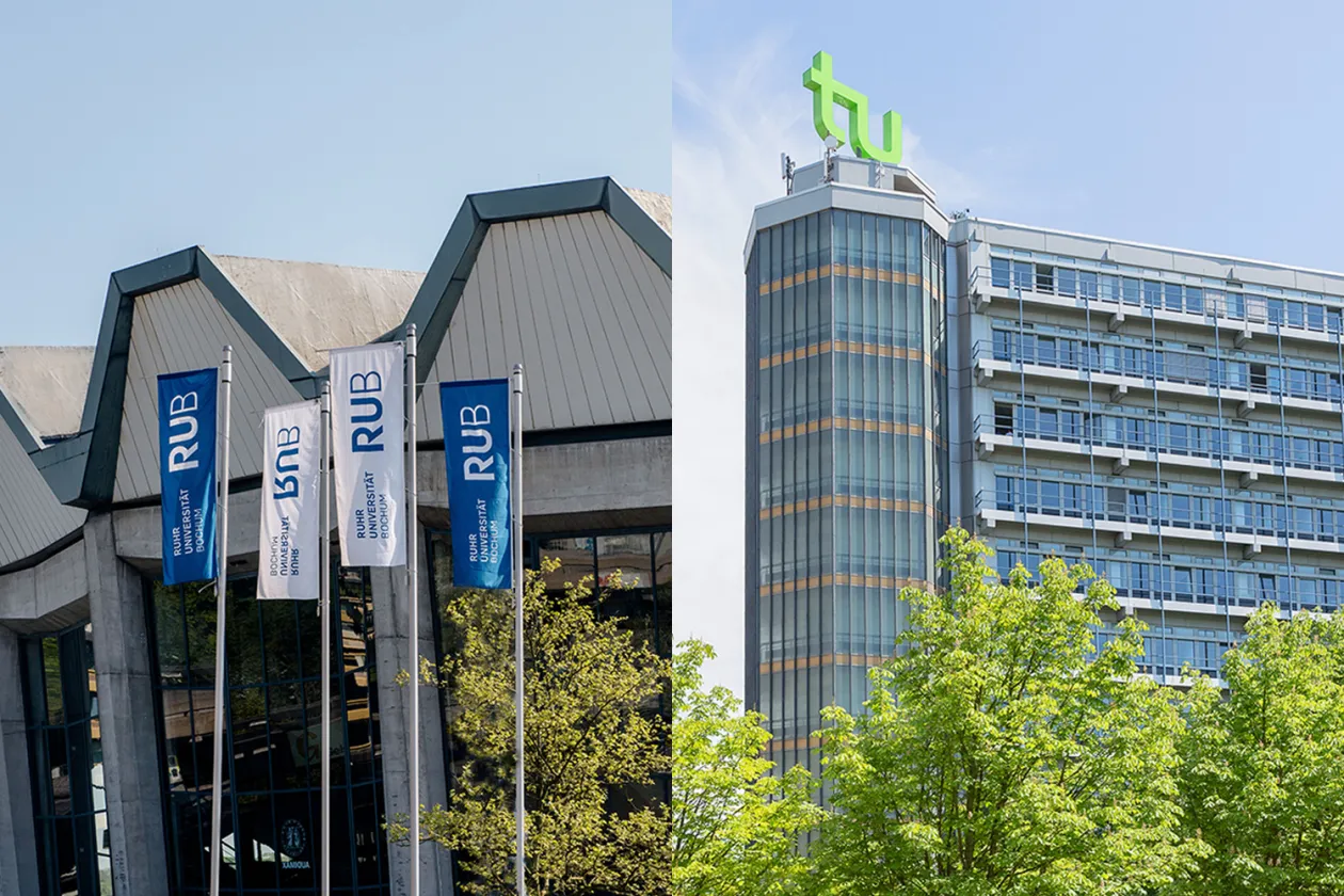 Collage aus Audimax der Ruhr-Universität Bochum und Mathetower der TU Dortmund