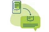 Green-blue graphic: A smartphone with a blue arrow pointing to a comment. 