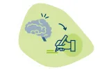 Green-blue drawn graphic: A brain with a blue arrow pointing to a writing hand.