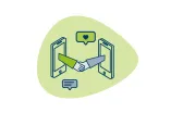 Green-blue drawn graphic: Two hands sticking out of two smartphones, shaking each other.
