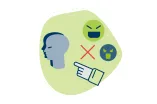 Green and blue drawn graphic: Two evil laughing smileys and a hand pointing towards a sad face.