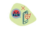 Green-blue drawn graphic: A flame burns on a smartphone. Above it is a red cross. Next to it a speech bubble with a scolding red smiley inside.