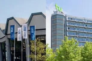 Collage aus Audimax der Ruhr-Universität Bochum und Mathetower der TU Dortmund