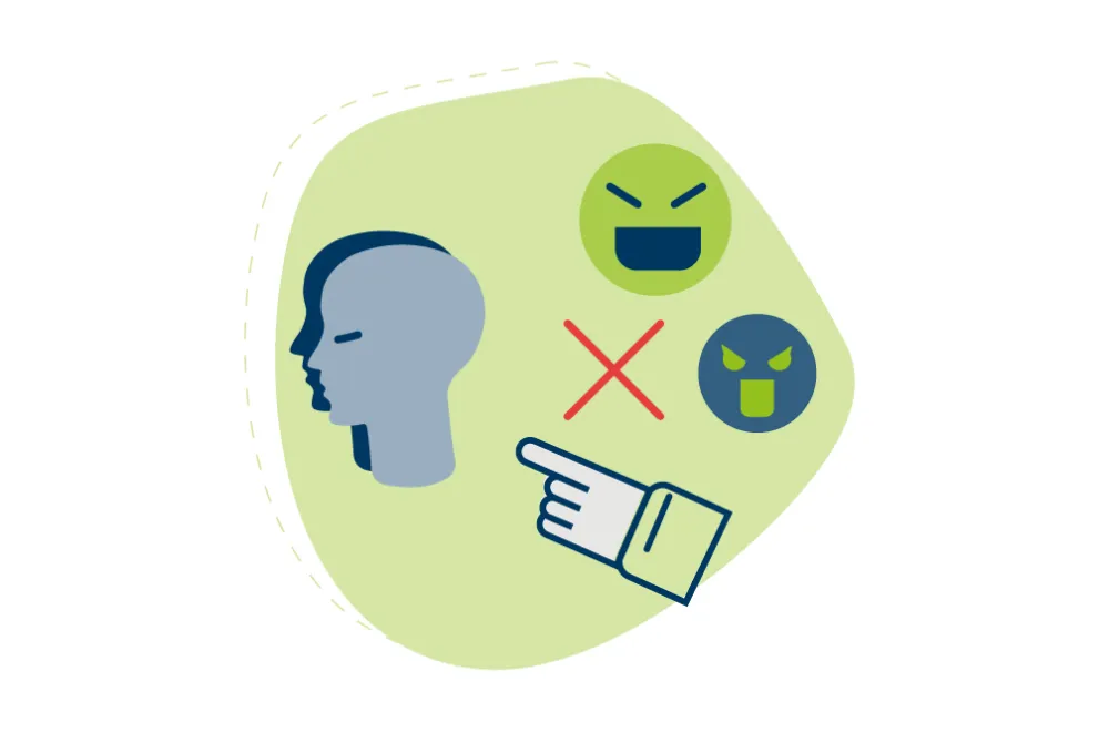 Grün-blau gezeichnete Grafik: Zwei böse lachende Smileys und eine Hand zeigen in Richtung eines traurigen Gesichts.