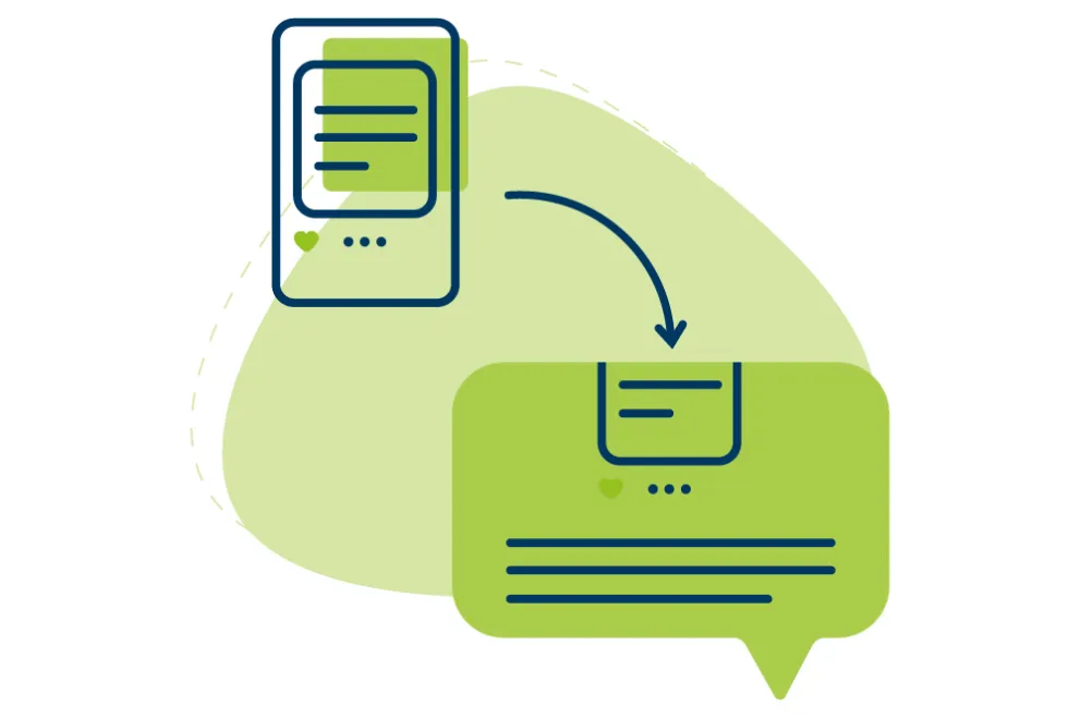 Green-blue graphic: A smartphone with a blue arrow pointing to a comment. 