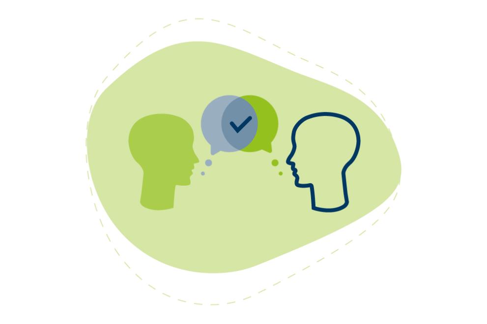 Green and blue drawn graphic: Two heads between which are speech bubbles.