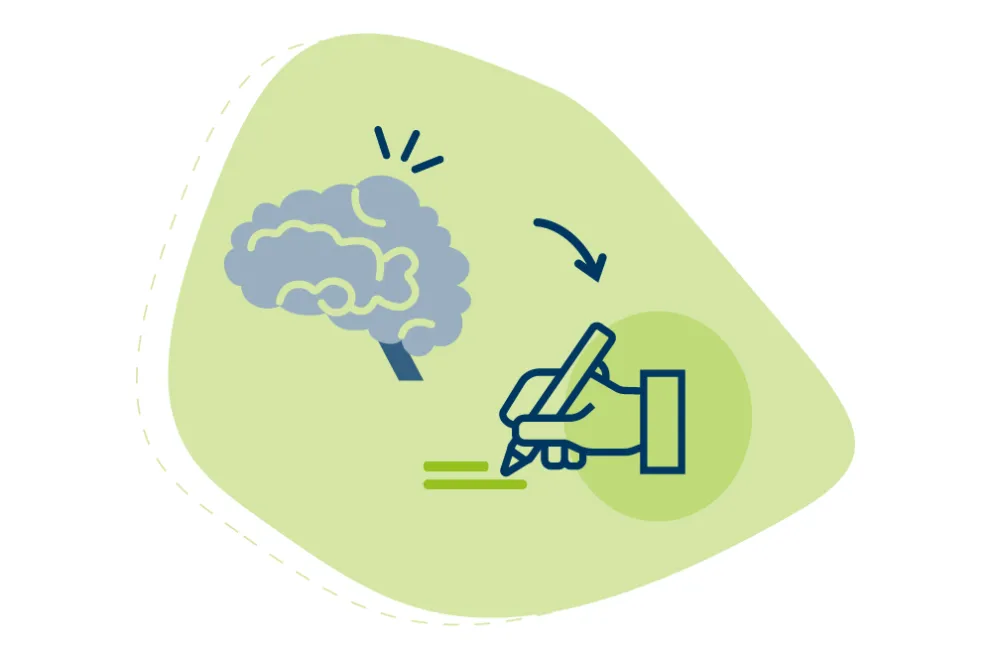 Green-blue drawn graphic: A brain with a blue arrow pointing to a writing hand.