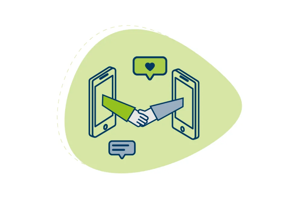 Green-blue drawn graphic: Two hands sticking out of two smartphones, shaking each other.