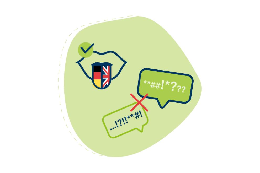 Green and blue drawn graphic: A tongue is stretched out of a mouth with the German and British flags on it. On two speech bubbles is a red cross.