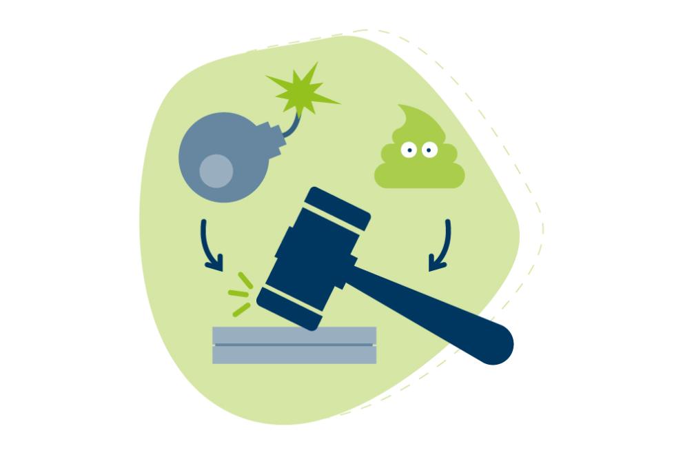 Green-blue drawn graphic: A bomb. Next to it a pile of excrement from which an arrow points to a judge's hammer.