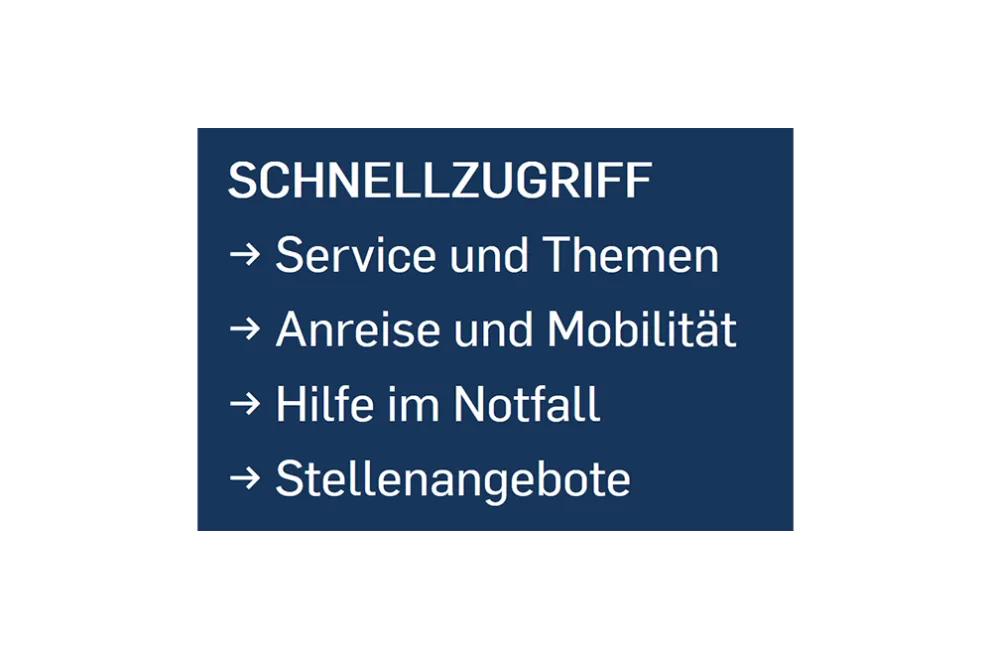Bild: Schnellzugriff: Links ganz unten auf der Internet-Seite: Service und Themen, Anreise und Mobilität, Hilfe im Notfall, Stellenangebote