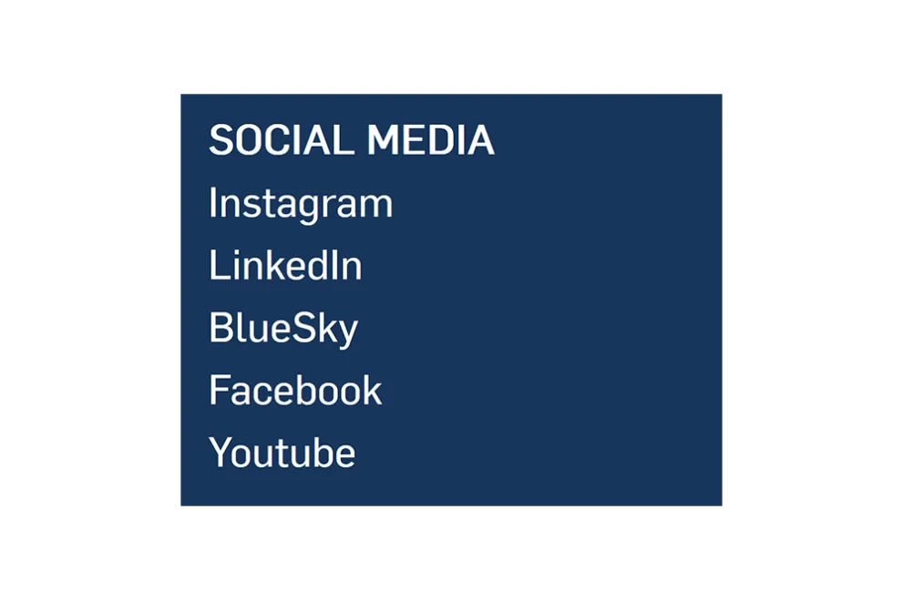 Bild: Links zu Sozialen Netzwerken der RUB: Instagram, LinkedIn, BlueSky, Facebook, Youtube