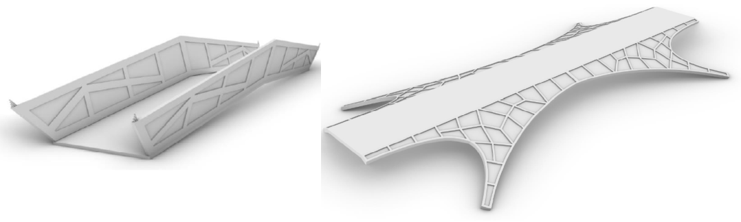 Abbildung 5: Nachbildungen der Paulifurtbrücke (li.) und des Trumpfstegs zur Illustration der im Forschungsprojekt verfolgten Entwurfs- und Fertigungskonzepte. 